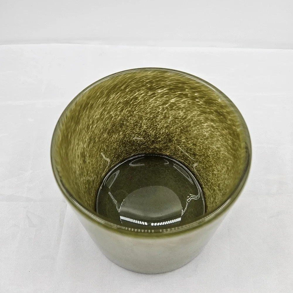 Hand Blown Olive Green Mottled Glass Vase Cylindrical Candle Holder 4.5x4in